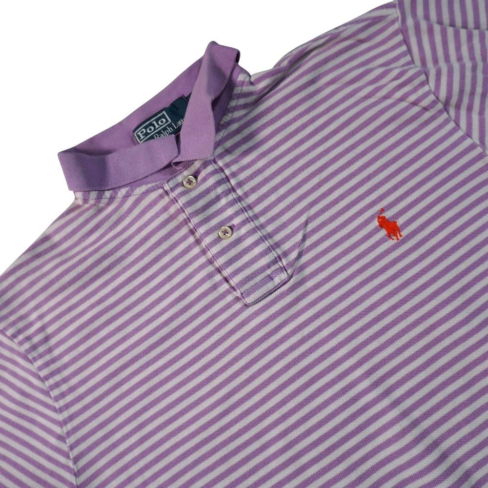 Polo Ralph Lauren Polo Shirt Mens Large Purple Striped Custom Fit Short Sleeve